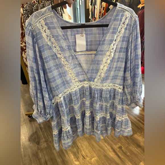 Free People Time Out Lace Blue Plaid 3/4 Sleeve Oversized Tunic size XL - Picture 3 of 8